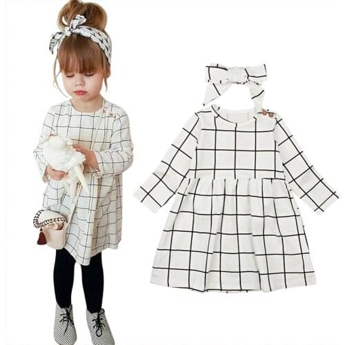 2020 Spring Autumn baby girl clothes long sleeve White Plaid Dress +Bow hair band two-piece set childrens Dress 12Months-5Yrs