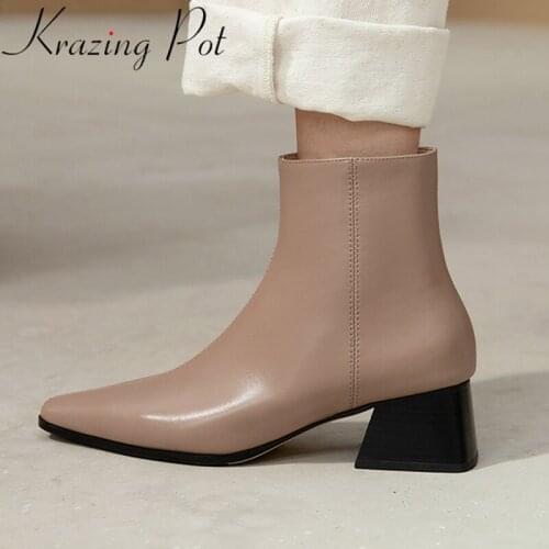 Krazing pot high quality cow leather zip square toe Chelsea boots warm med heel work office lady elegant basic ankle boots L44