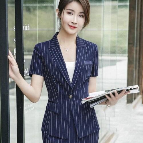 OL Work Striped Office Lady Dress Suits Women Short Sleeves Jackets Pants Suit 2 Piece Sets