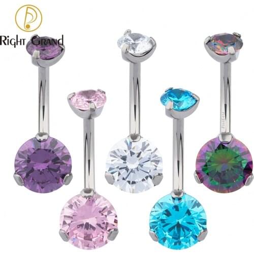 Right Grand ASTM F136 Titanium Double CZ Barbell Belly Ring 14G Navel Bell Button Rings Belly Piercing for Women Girls