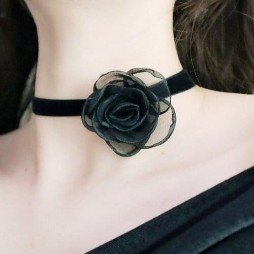 Elegant Black Organza Flower Decor Velvet Choker Necklaces for Women Chic Long Ribbon Collar Fashion Party Cosplay Jewelry FSN13