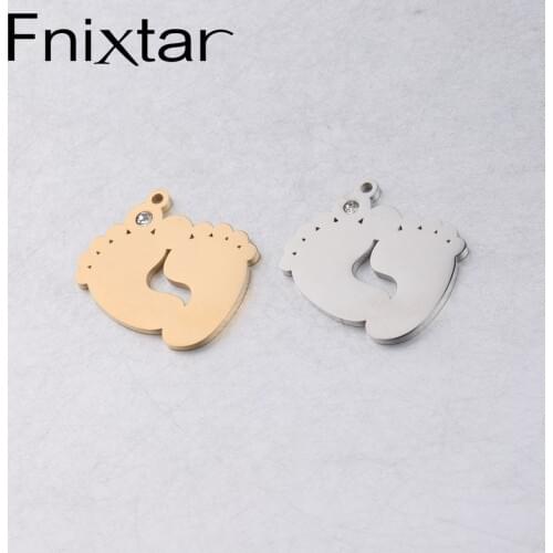 Fnixtar Double Baby Feet Charm With White Rhinestone Mirror Polish Stainless Steel Handmade DIY Jewelry 25*26mm 20Piece/lot