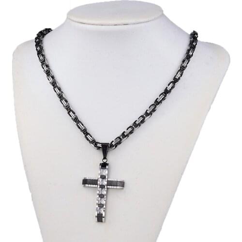 Hip Hop Mens 316L Stainless Steel Cross Pendant Necklace with Rhinestone Necklace Jewelry Christmas Gift 20-34inch