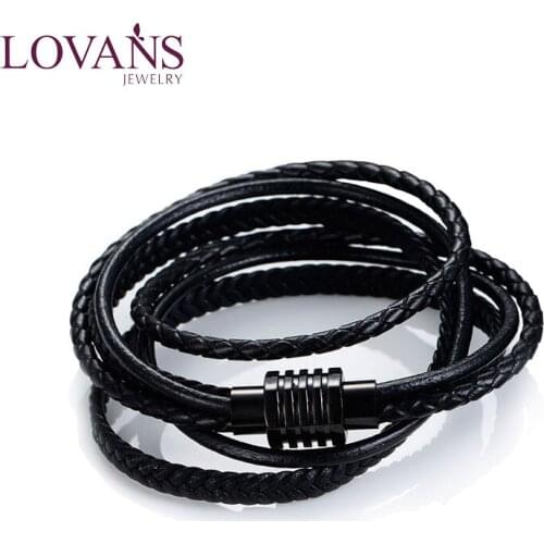 Punk Men Jewelry Men Genuine Leather Bracelet Braid Stainless Steel Magnetic Clasp Fashion Women Male Bangles Multilayer Rope