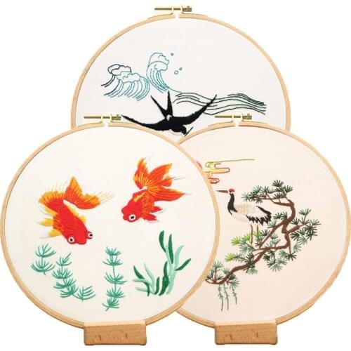 Chinese Style DIY Embroidery kit with Hoops Goldfish Sea Landscape Pattern Printed Handmade Cross Stitch Sewing Craft
