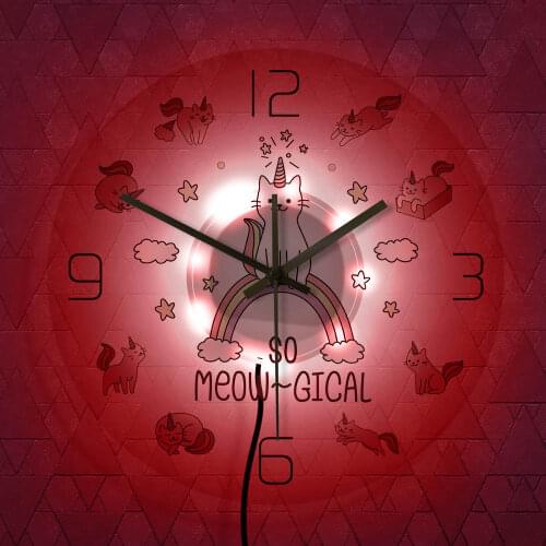 So Meow-Gical Lovely Cartoon Cat Unicorn Wall Clock Cute Mystical Kitty Pretty Caticorn Wall Light Rainbow Cloud Cat Wall Decor