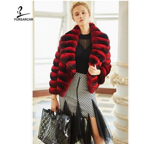 FURSARCAR 2021 New Natural Real Rex Rabbit Fur Coat Fashion 55cm Short Luxurious Winter Women Chinchilla Fur Jacket With Collar