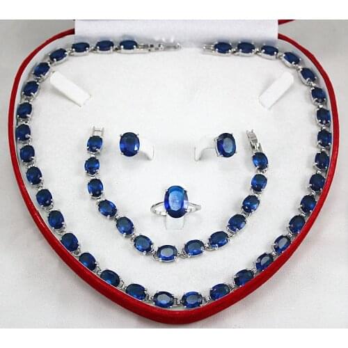 Wholesale good set mujer moda pendientes blue zircon necklace, earing, bracelet earring set for women sterling--jewelry