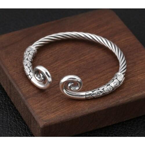 Wholesale S925 Sterling Silver Jewelry Retro Thai Silver Men And Women Open Ended Tight Spell Cursive Bangle
