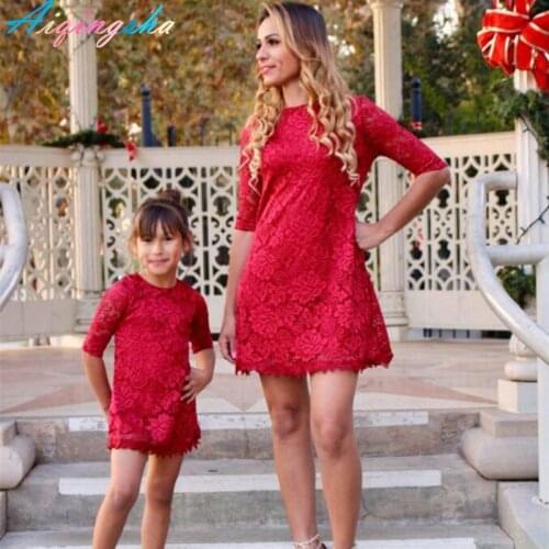 Mother Daughter Dresses Mum and Baby Kids Girls Wedding Dress Clothes Family Look Set Red Lace Ruffles Mom and Daughter Dresses