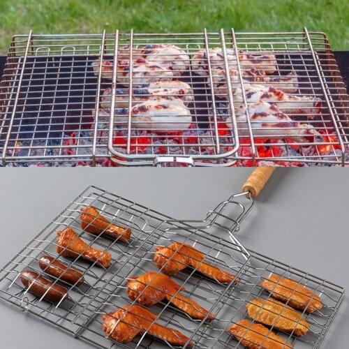 Portable Barbecue Outdoor BBQ Grilling, With Wood Handle Stainless Steel Wire
