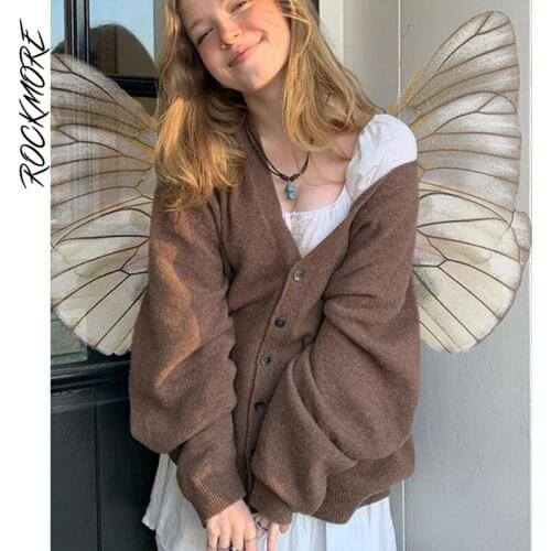 Rockmore Brown Loose Sweater Cardigans Autumn Fairy Grunge Knitwear Women Y2K Aesthetic Vintage Knit Long Sleeve Button Outwear