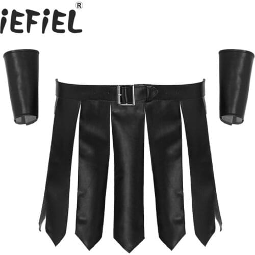 Sexy Black Male Mens Adults Roman Gladiator Costume Set Panels Design Gladiator Kilt Underwear Skirts with Belt and Wristbands