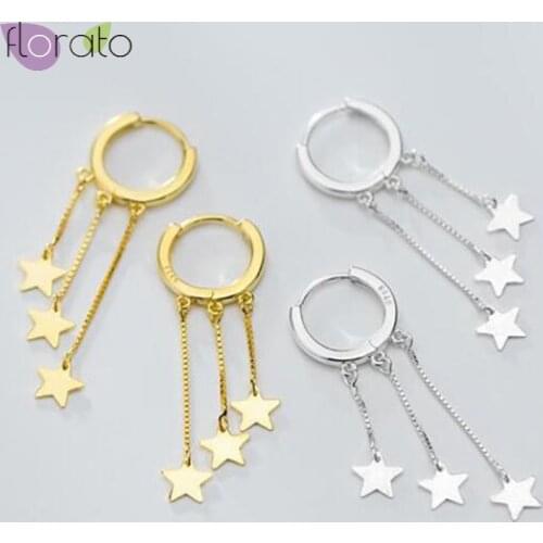 Japanese and Korean style 925 Sterling Silver fresh tassel star five-pointed star Earrings Charming Silver Chain Hoop Earrings