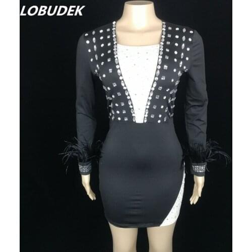 Spring Women Sexy Mesh Rhinestones Long Sleeve Bodycon Short Dress Fashion Celebration Party Dress Bar Nightclub Singer Costume