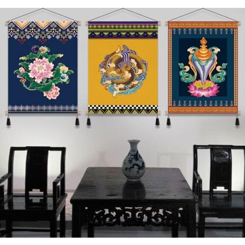 Tibetan Auspicious Wall Art Canvas Painting Ethnic Style Tapestry Living Room Wall Hanging Painting Aesthetic Poster Home Decor