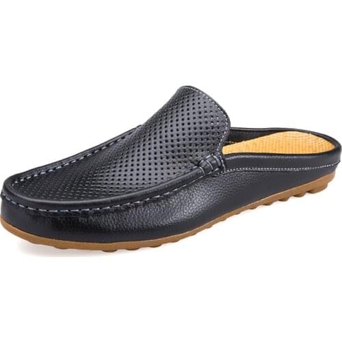 Summer Mens Shoes Casual Brand Mens Breathable Loafers Genuine Leather Half Slipper For Men Slip on Lazy Driving Shoe Moccasins