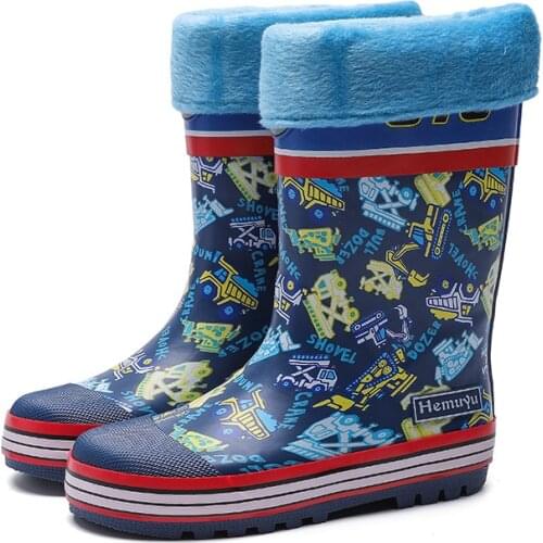 ULKNN Childrens Rain Shoes Kids Rain Boots Boy Excavator Pattern Shoe Cover Tube Blue Shoes Anti-slip Rubber Unisex Cartoon PVC