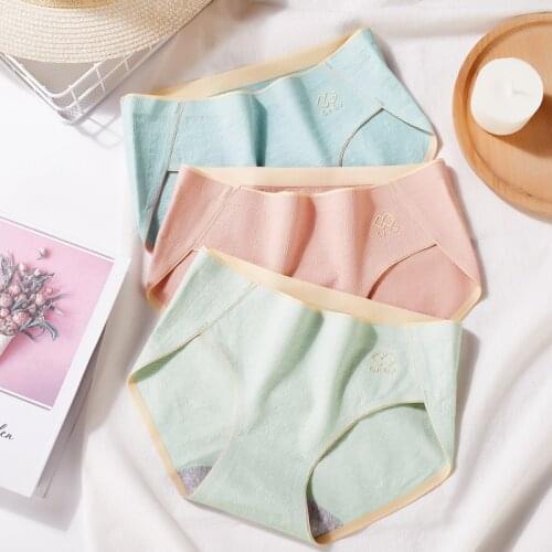 Wasteheart New Women Fashion Pink Green Cotton Mid Waist Panties Underwear Lingerie Seamless Briefs Underpants M L XL Plus Size