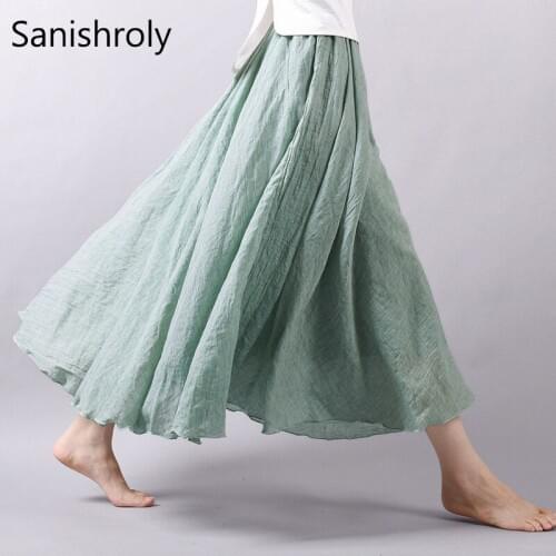 Sanishroly 2018 Summer Women Maxi Long Skirt Candy Color Elastic Waist Cotton Linen Skirts Lady Big Circel Boho Beach Skirt S069