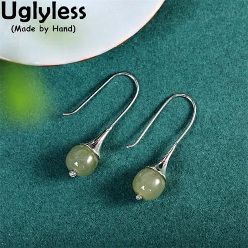 Uglyless Ethnic Vintage Gold Earrings for Women Nature Hotan Jade Earrings Genuine 925 Sterling Silver Brincos Gemstones Jewelry