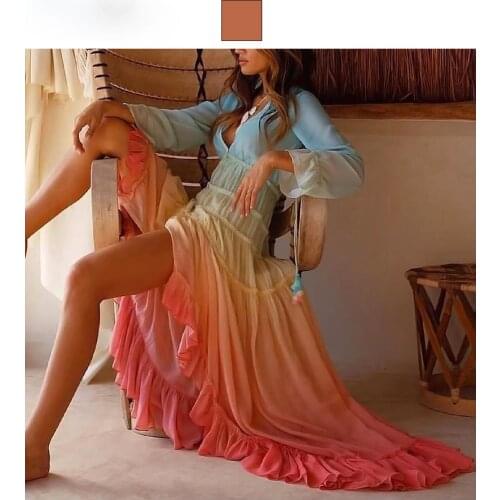 Womens deep V long sleeve gradual change dress long skirt