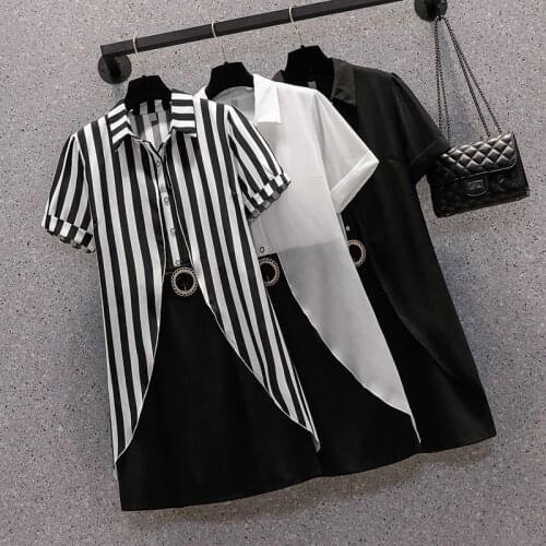 M-5XL plus size women Stripe Patchwork loose dress 2021 Summer short sleeve turn down collar Oversized female mini dresses