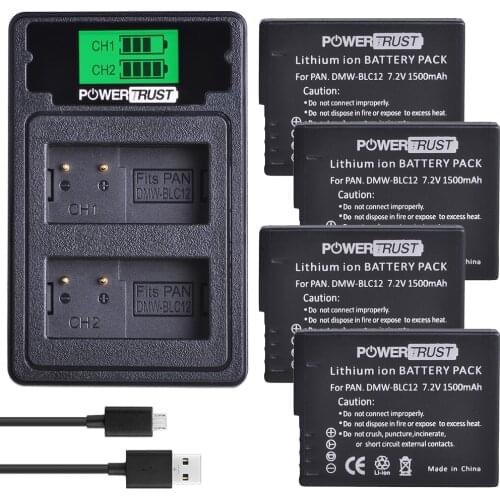 PowerTrust DMW-BLC12 DMW-BLC12E Battery + LCD USB Dual Charger for Panasonic Lumix DMC-FZ200,FZ300,FZ1000,FZ2500,G5,G6,G7,GX8