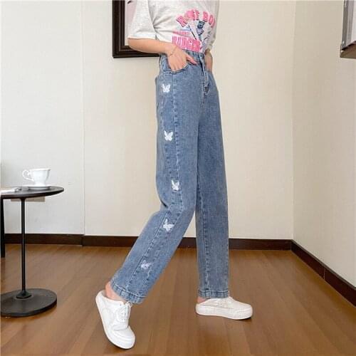 Butterfly Embroidery Jeans Womens High-waisted Loose Wide-legged Straight Leg Was Thin and All-match Long Pants Trend