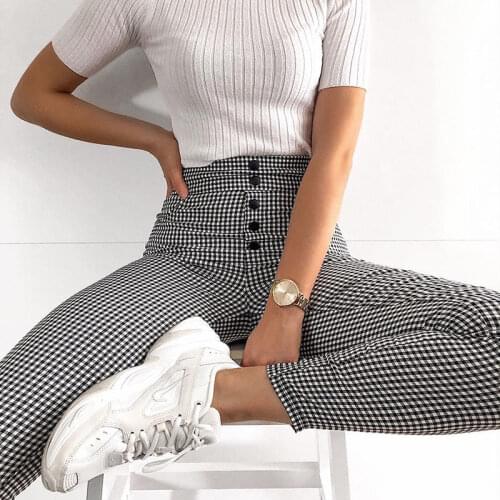 Elegant Lady Plaid Pencil Pants Womens Leggings Autumn High Waist Pants Buckle Slim Casual Pencil Pants Plaid Trousers Women