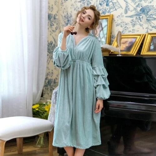 Flannel nightdress female autumn winter sexy deep V home skirt fashion lantern sleeve net red nightgown pregnant woman dress
