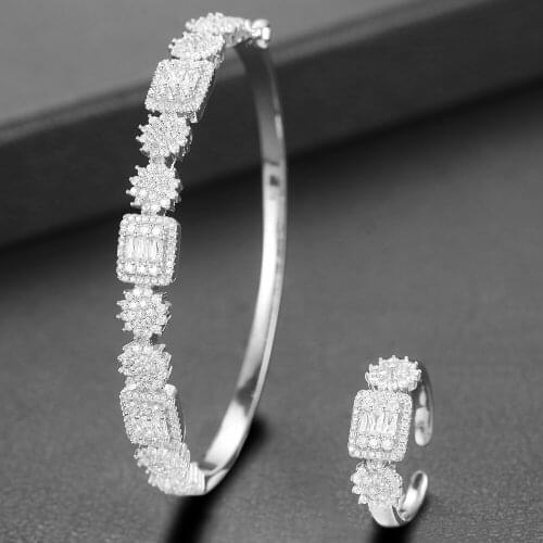 LARRAURI 2 PCS Brand Gorgeous Cubic Zirconia Bangle Ring Set for Women Bridal Wedding Engagement Daily Party Jewelry Sets