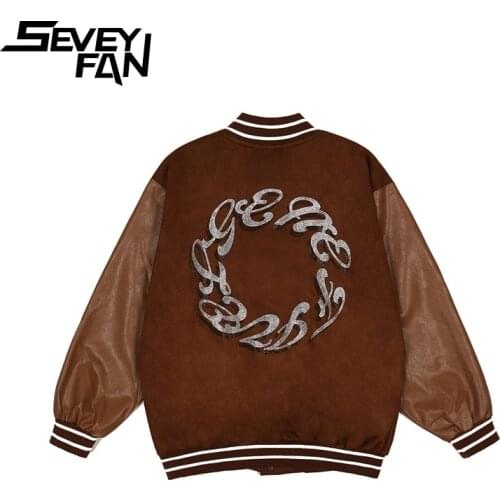SEVEYFAN Mens Fashion Rhinestone Letters PU Leather Patchwork Jacket Vibe Loose Baseball Coat for Male