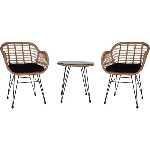 3 Pcs Outdoor Patio Furniture Set Wicker Rattan Conversation with Tempered Glass Table Flaxen Yellow for Porch Poolside Yard