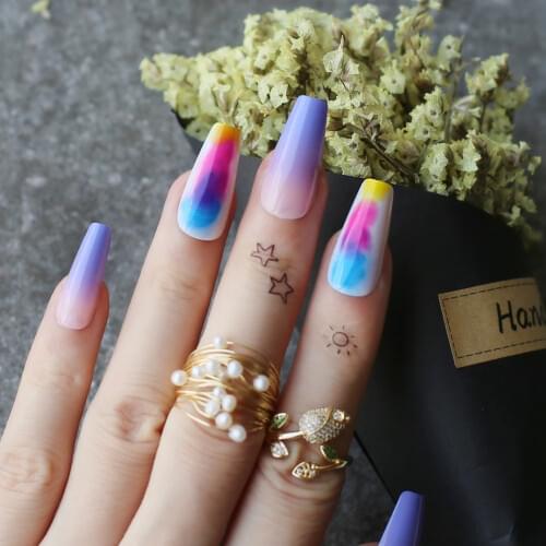 Lavender purple nude ombre coffin fake nails Blooming blue yellow rose fake nails
