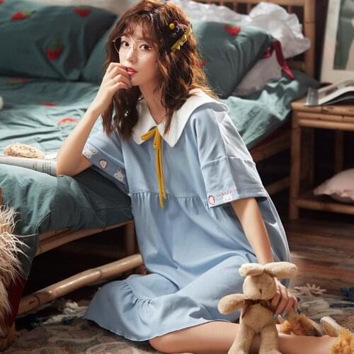 Women Blue Night Dress Cotton Soft Nightgown Sleepwear Womens Dressing Sewwt Bow Nightdress Home Wear Big Large Size XXXL