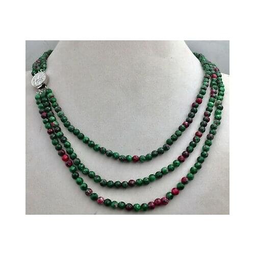 New 4mm NATURAL Green RUBY FACETED BEADS NECKLACE 3 STRAND