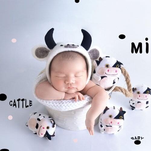Grey Animal Bonnet Newborn Wool Felt Hat Photography Props Handmade Baby Cow Hat Photo Shoot