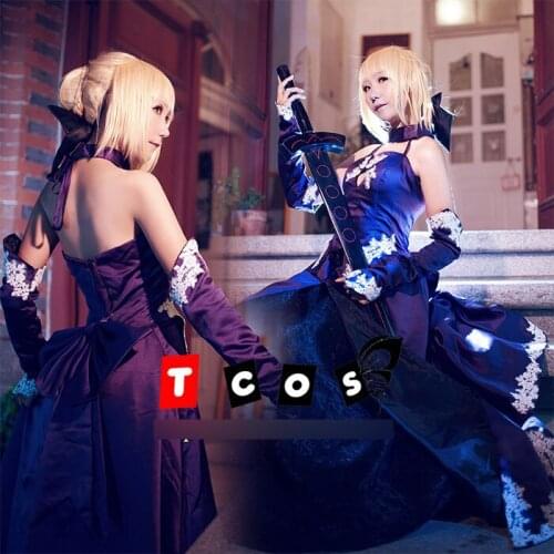 [Stock] Anime Fate Zero Saber Dark Purple Gothic Dress +Sleeves+Petticoat Cosplay Costume Halloween Suit For Women Outfit New