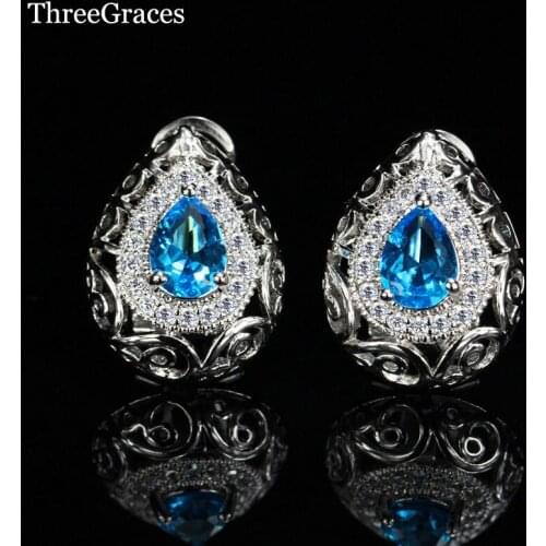 ThreeGraces Vintage Hollow Out Design Luxury Zirconia Pave Light Blue Teardrop Crystal Stud Earrings Jewelry For Women ER269