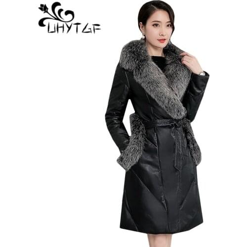UHYTGF Winter Leather jacket womens fashion fox fur collar Sheep skin warm outerwear Down jacket Leather cotton coat M-5XL 1101