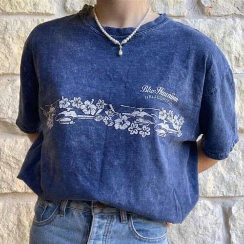 Brand Chic Blue Hawaiian Floral Vintage T Shirts Cotton O-neck Graphic Tee Niche Design Summer Tops Korean Fashion Woman Tshirts