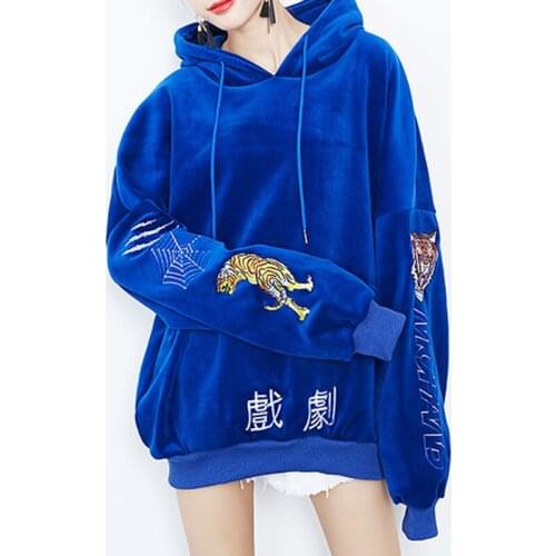Female Autumn Winter Thick Flocking Velour Hoodies Ladies Harajuku Tiger Embroidery Loose Sweatshirts Long Sleeve Pullovers Z183