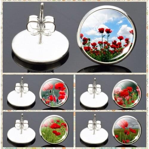 Poppy Flower Pattern Stud Earrings Trendy Silver Color Earrings for Women Oorbellen Brincos Glass Dome Cabochon Jewelry