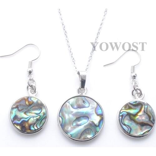 Women Earrings Jewelry Set Mother Shell abalone Pendant Hoop Hanging Earrings Round Beads chain Necklace 18" QQ3096