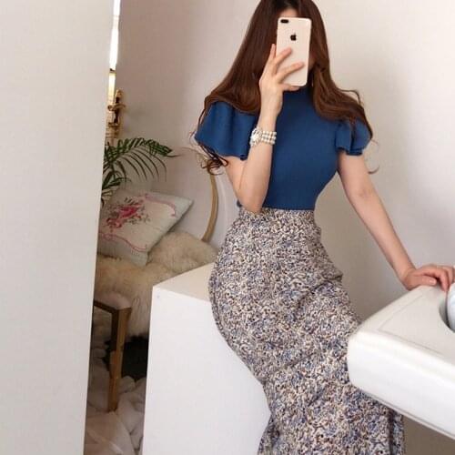 2021 Summer Korean Fashion Two Piece Skirt Sets Women Blue Knitted Tops + Elastic Waist Printed Long Skirt Vintage Elegant Suits