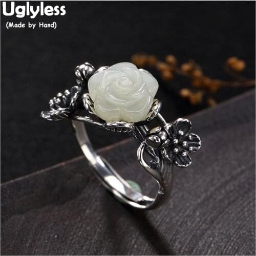 Uglyless 100% Real Solid 925 Sterling silver Handmade Thai Silver Plum Blossom Finger Rings for Women Natural Jade Open Ring