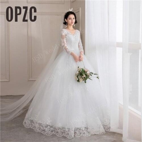 New Spring Light wedding dress Vestidos De Novia off white bride V neck dream princess simple Long Full Sleeve Lace appliques 40