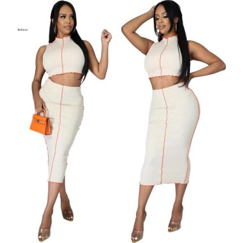 Lace Up Bandage Knitted dress Sexy Hot Women 2 Piece Sets Sleeveless Party Club Hollow Out Outfits Slim Crop Top And Skirt