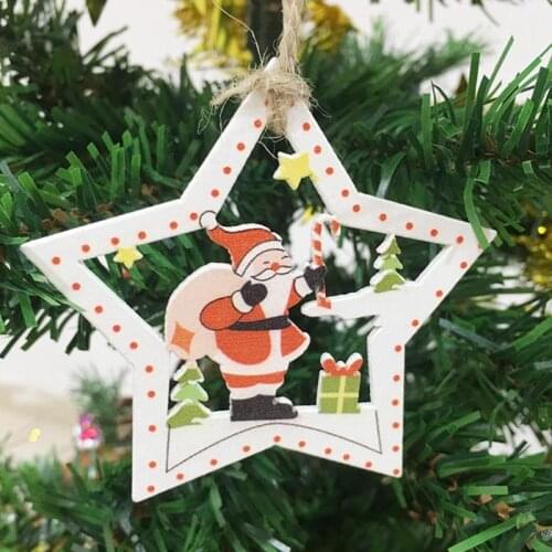 5PCS Christmas Hanging Decorations Cute Wooden Hollow Out Santa Snowman Hanging Ornaments Xmas Tree Decorations